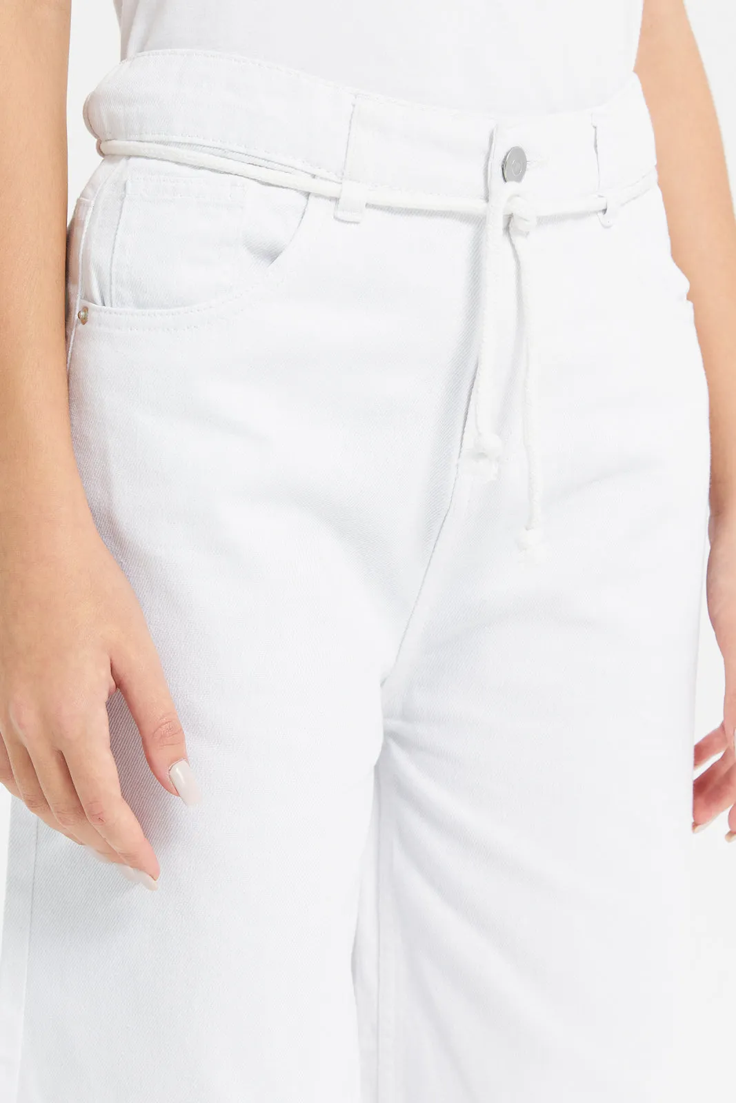 Senior Girls White Wide Leg Belted Pants