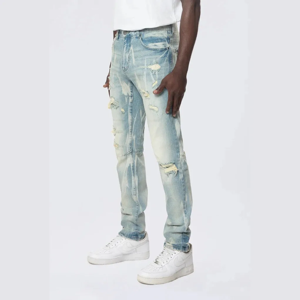 Slim Rip & Repair Vertical Lightning Effect Jeans - Seymour Blue