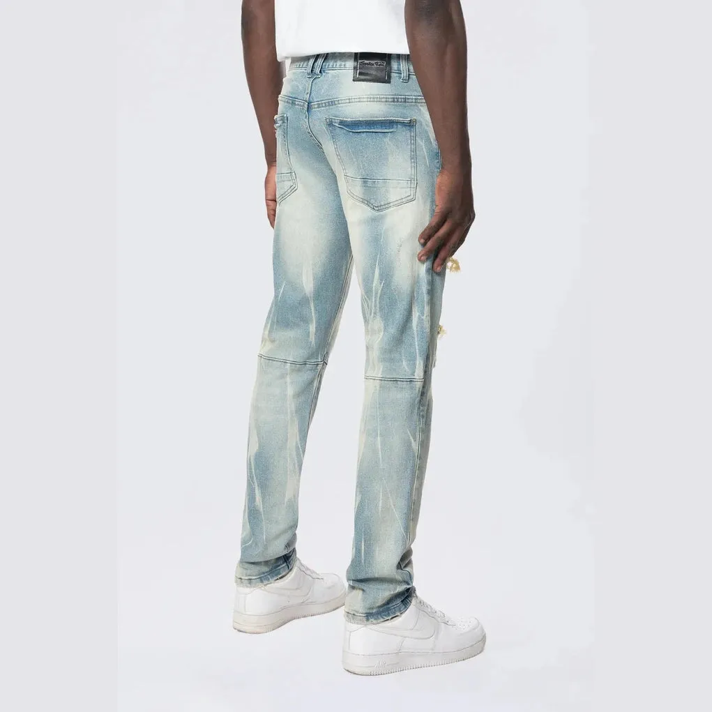 Slim Rip & Repair Vertical Lightning Effect Jeans - Seymour Blue