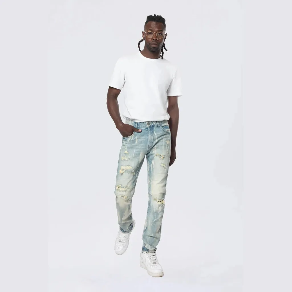 Slim Rip & Repair Vertical Lightning Effect Jeans - Seymour Blue