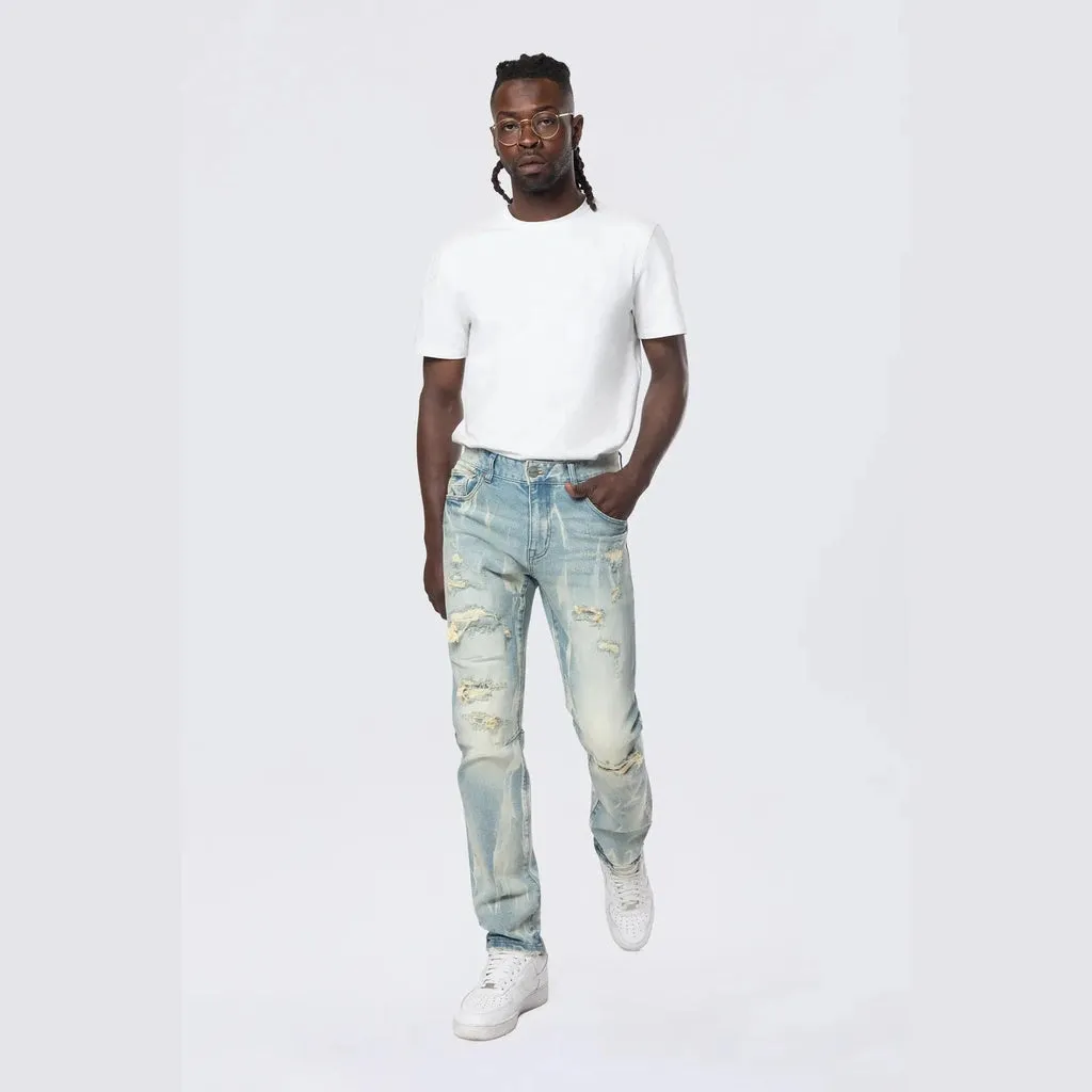 Slim Rip & Repair Vertical Lightning Effect Jeans - Seymour Blue