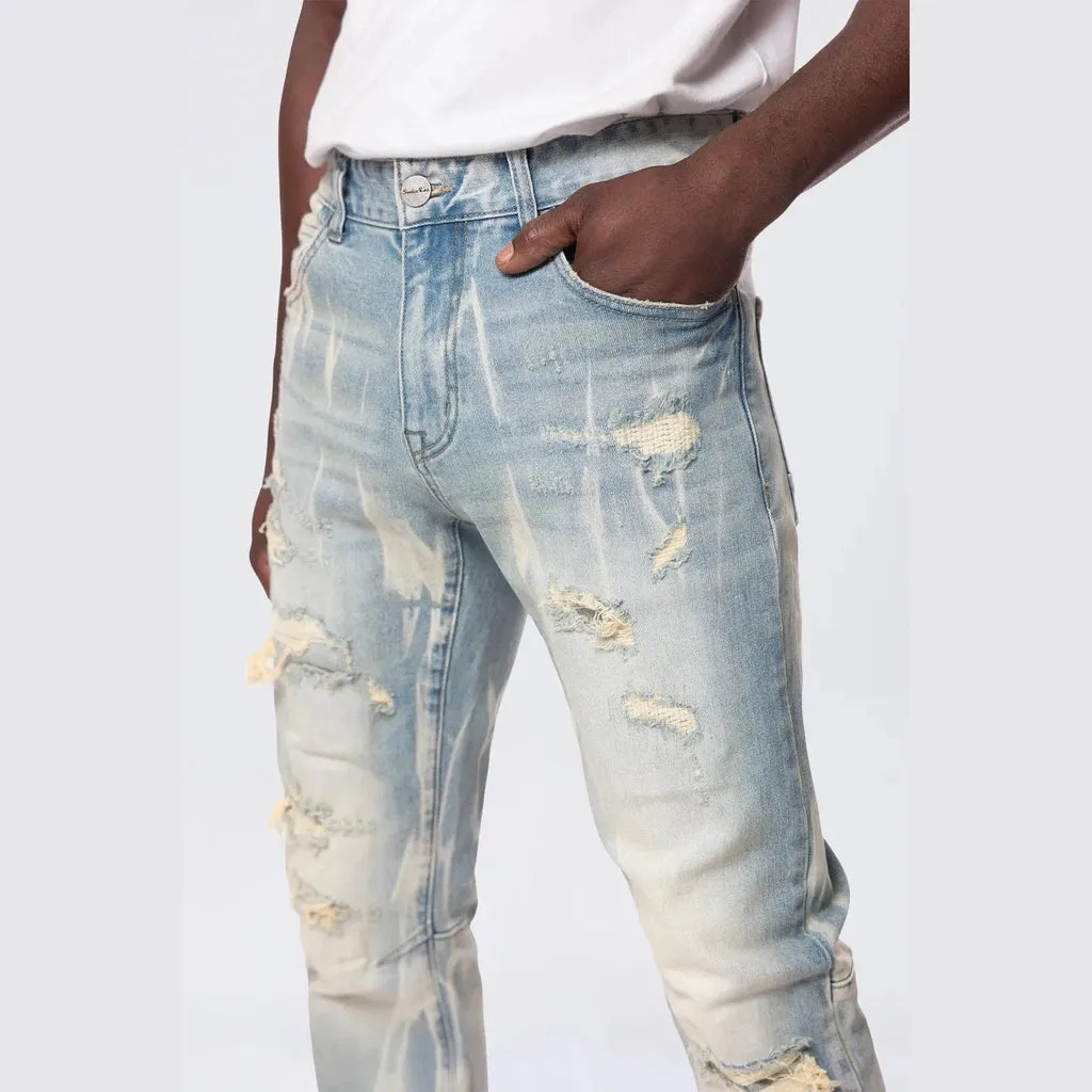 Slim Rip & Repair Vertical Lightning Effect Jeans - Seymour Blue