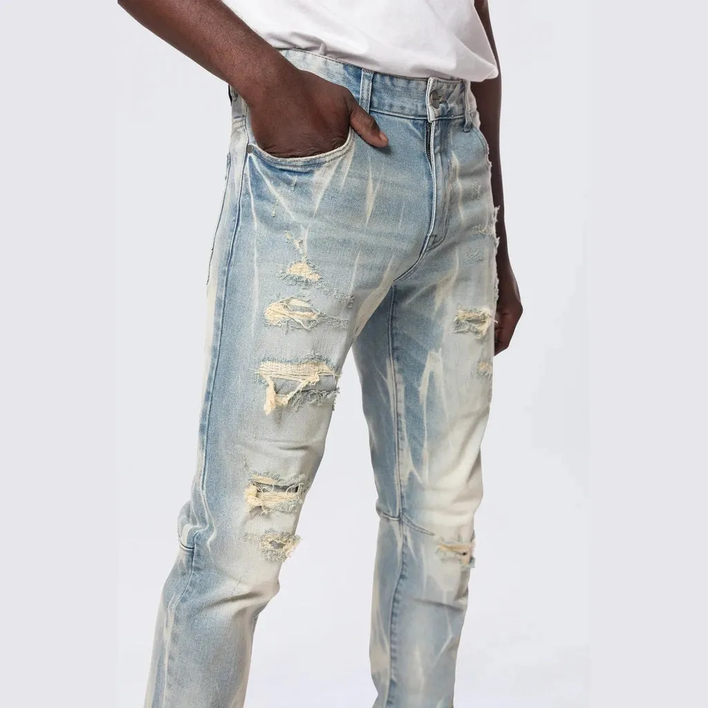 Slim Rip & Repair Vertical Lightning Effect Jeans - Seymour Blue