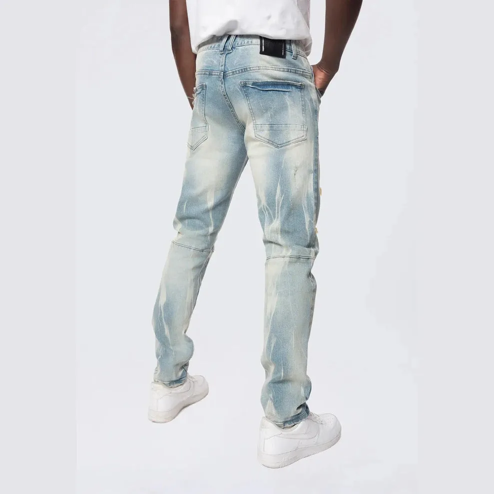 Slim Rip & Repair Vertical Lightning Effect Jeans - Seymour Blue