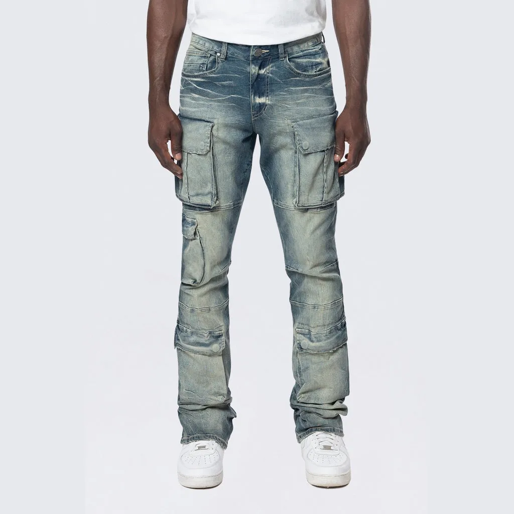 Stacked Utility Multi Pocket Cargo Jeans - Village Blue