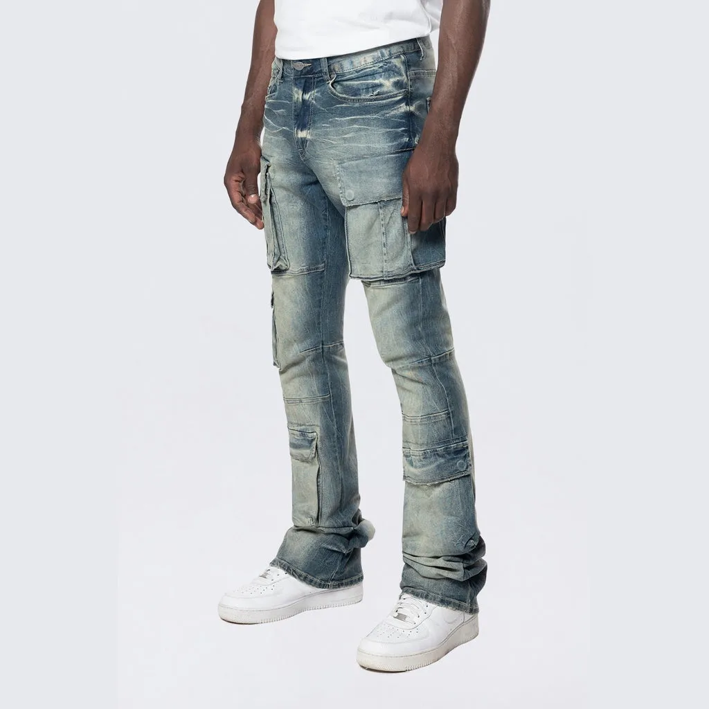 Stacked Utility Multi Pocket Cargo Jeans - Village Blue