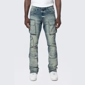 Stacked Utility Multi Pocket Cargo Jeans - Village Blue