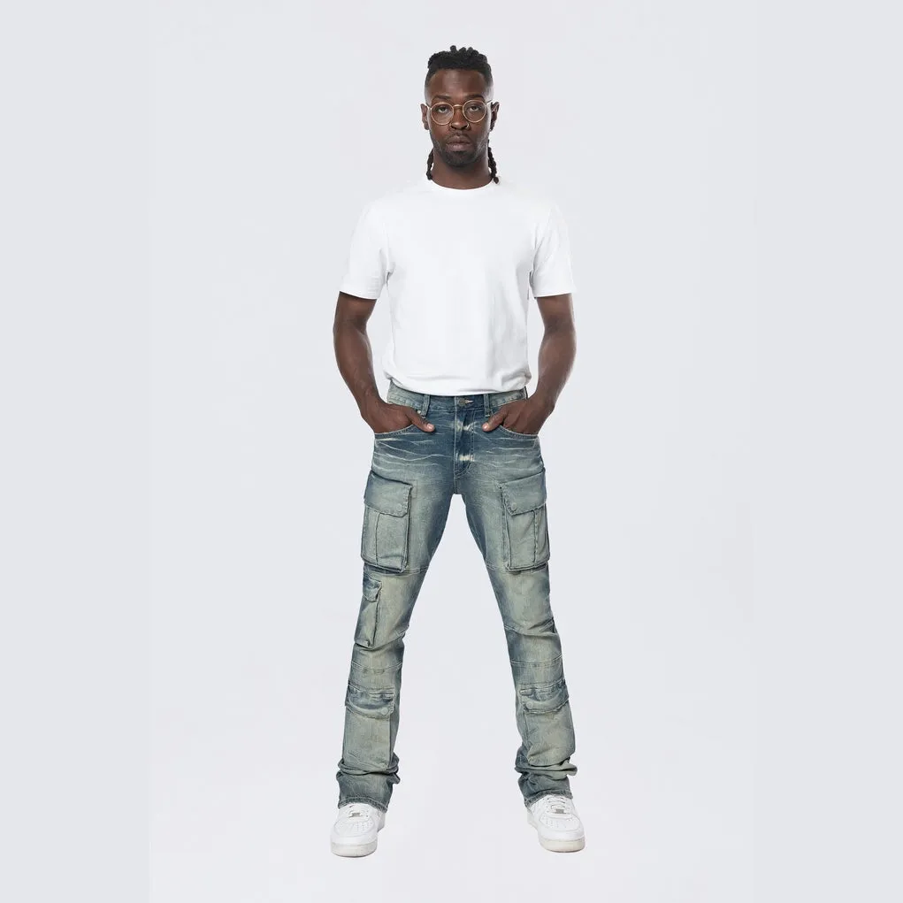 Stacked Utility Multi Pocket Cargo Jeans - Village Blue