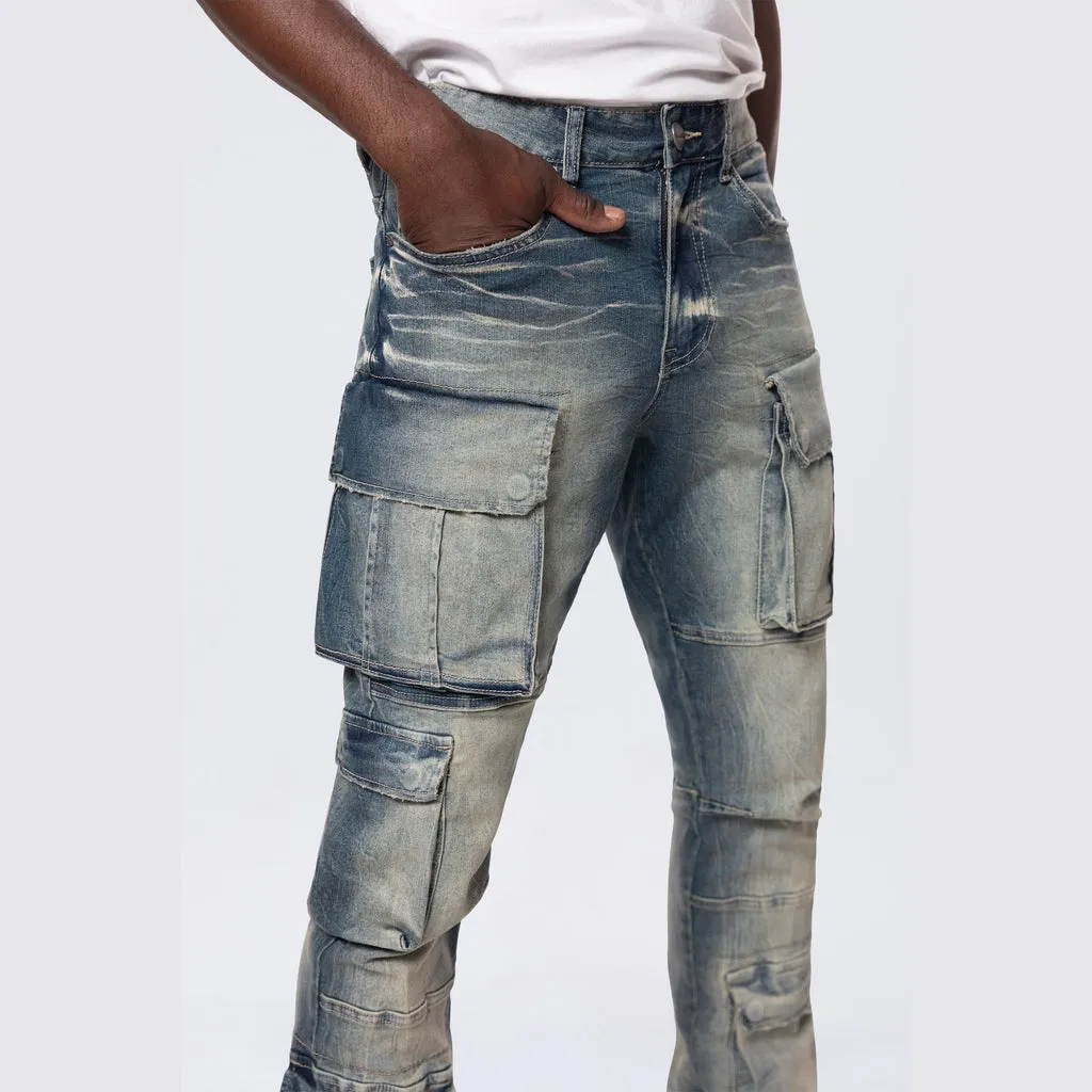 Stacked Utility Multi Pocket Cargo Jeans - Village Blue