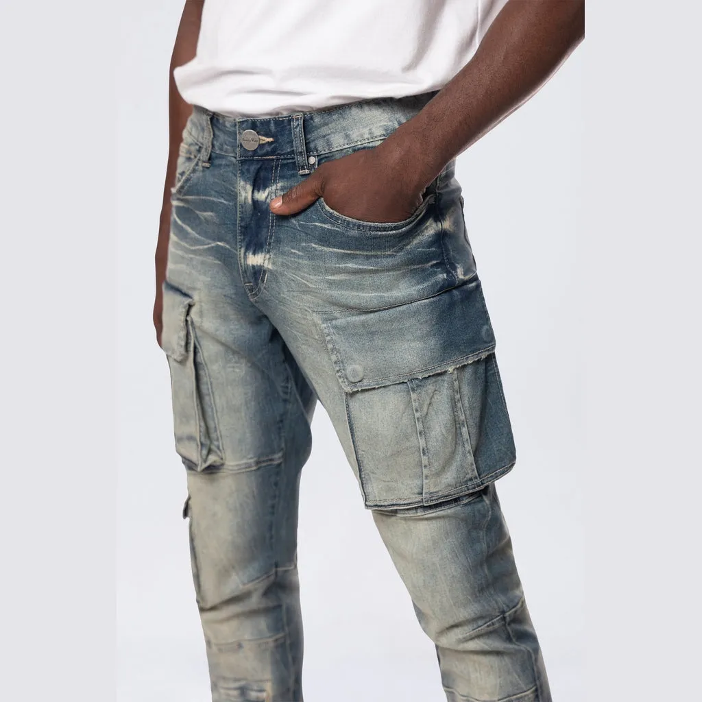 Stacked Utility Multi Pocket Cargo Jeans - Village Blue