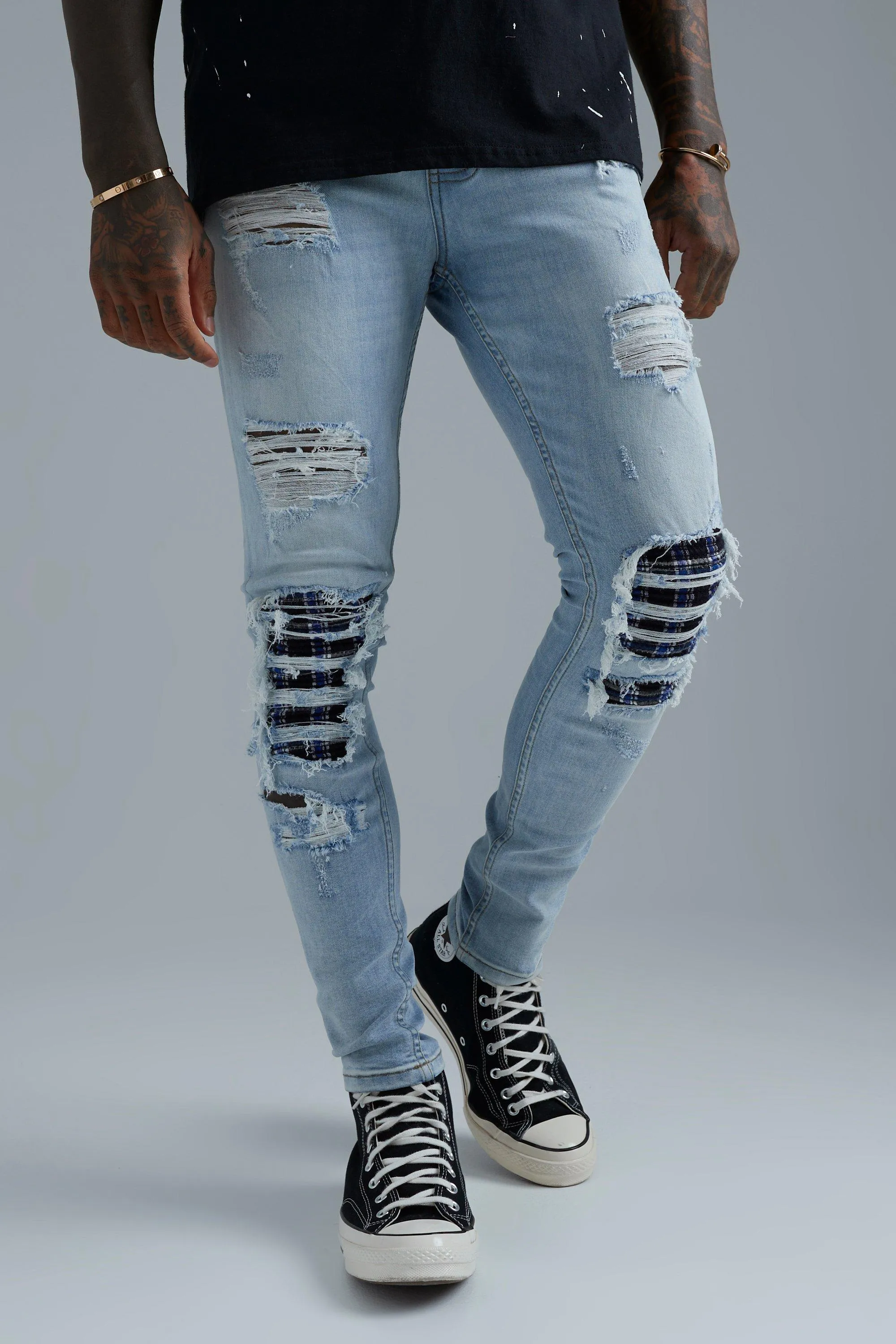 Super Skinny Stretch Rip & Repair Check Jeans | boohooMAN UK