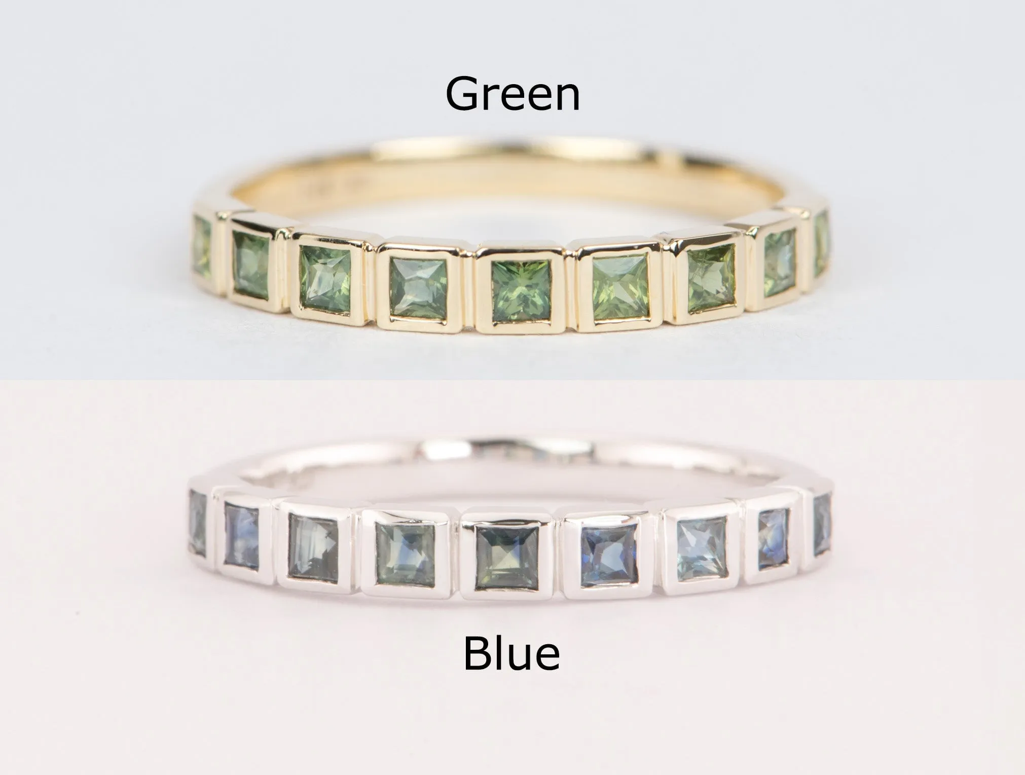 Teal Blue Green Sapphire Bezel Set Wedding Band 14K Gold R5037