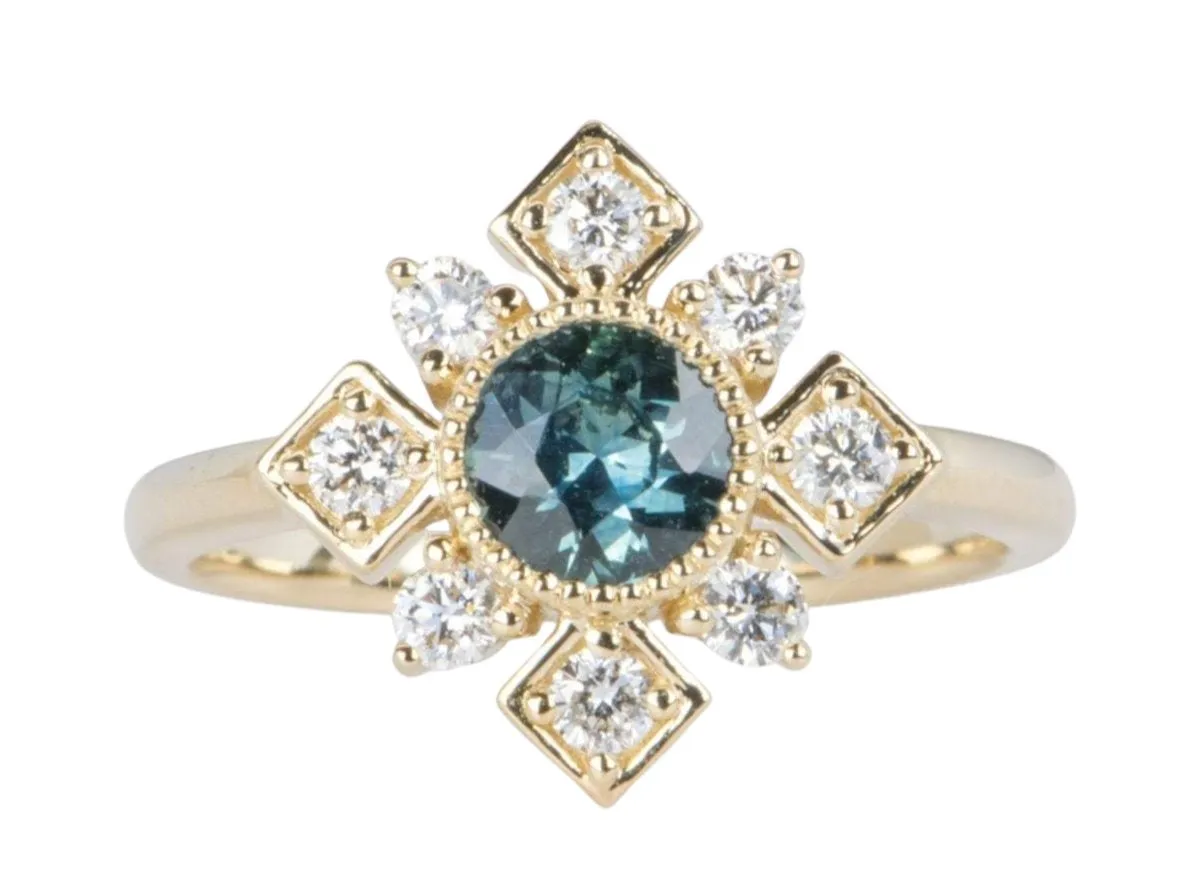 Teal Blue Montana Sapphire Diamond Halo 14K Yellow Gold Engagement Ring R6041