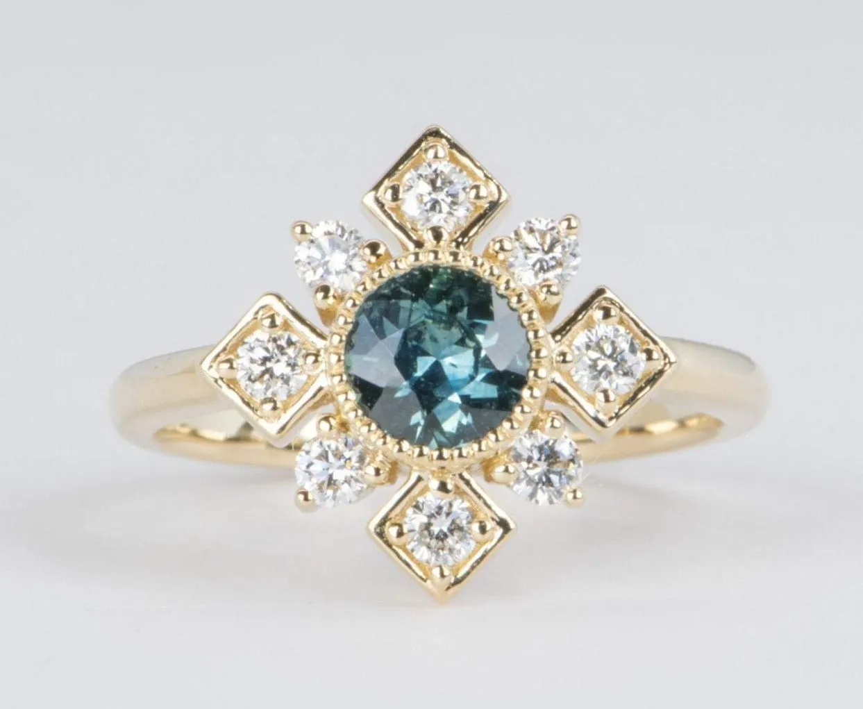 Teal Blue Montana Sapphire Diamond Halo 14K Yellow Gold Engagement Ring R6041