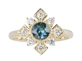 Teal Blue Montana Sapphire Diamond Halo 14K Yellow Gold Engagement Ring R6041