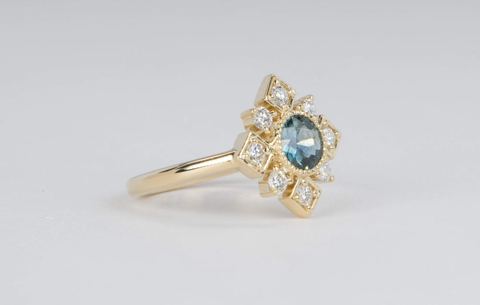 Teal Blue Montana Sapphire Diamond Halo 14K Yellow Gold Engagement Ring R6041