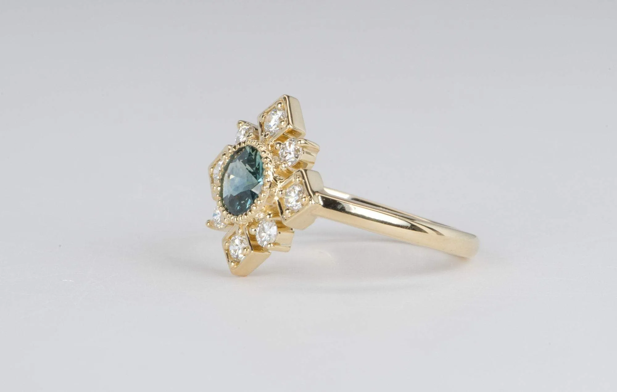 Teal Blue Montana Sapphire Diamond Halo 14K Yellow Gold Engagement Ring R6041