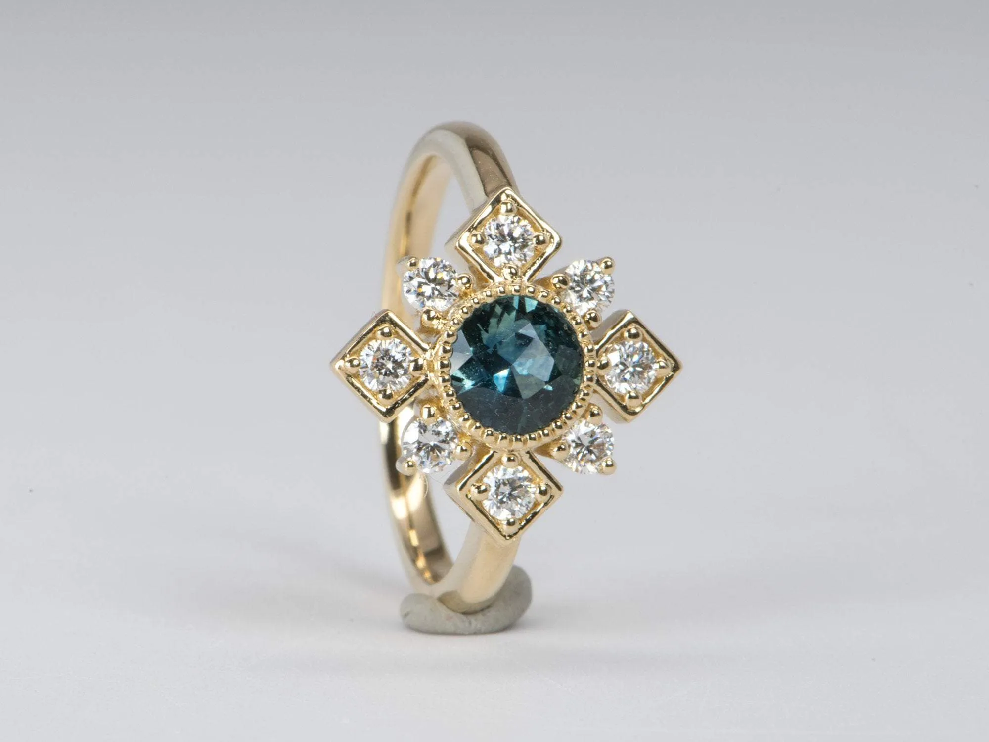 Teal Blue Montana Sapphire Diamond Halo 14K Yellow Gold Engagement Ring R6041