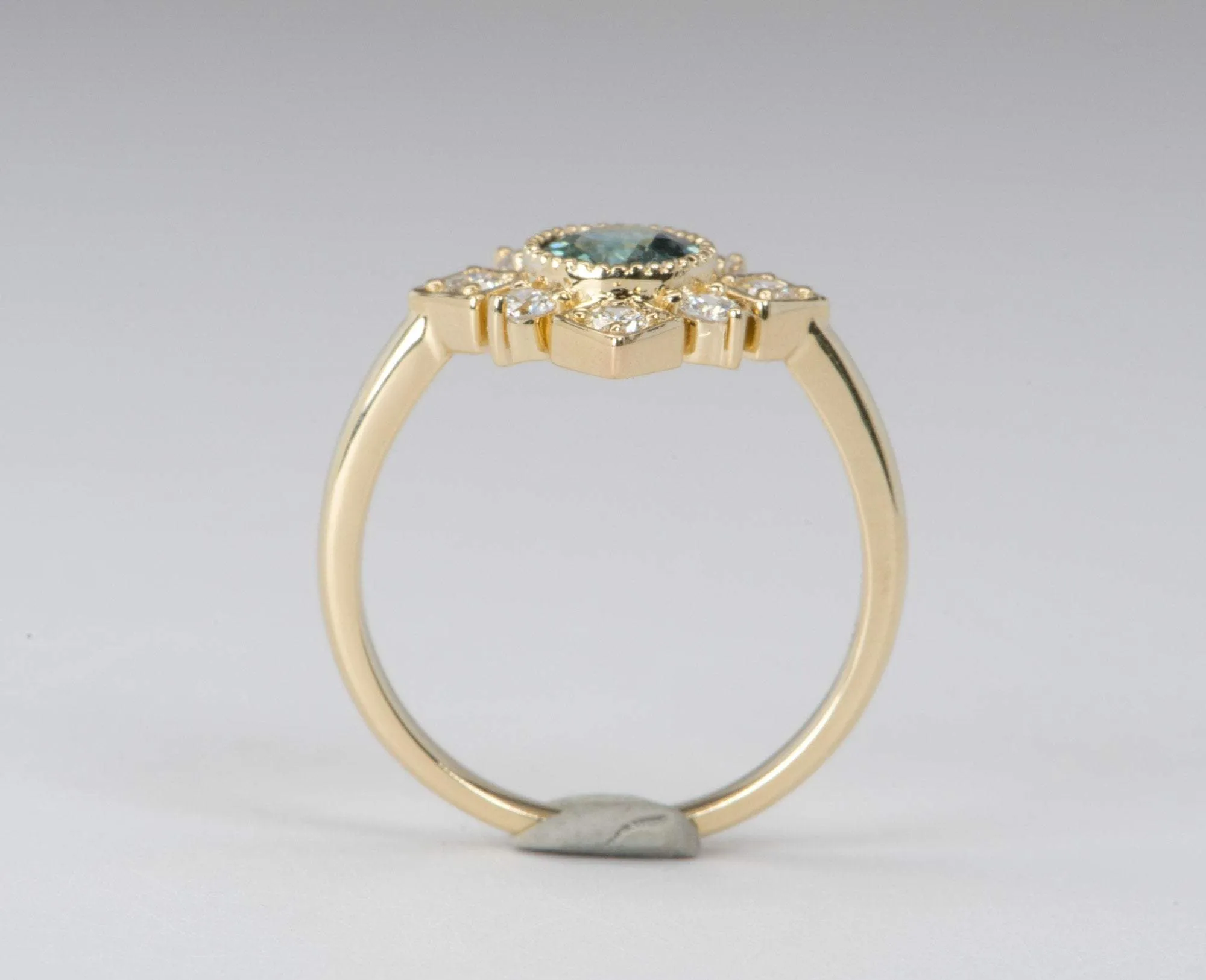 Teal Blue Montana Sapphire Diamond Halo 14K Yellow Gold Engagement Ring R6041