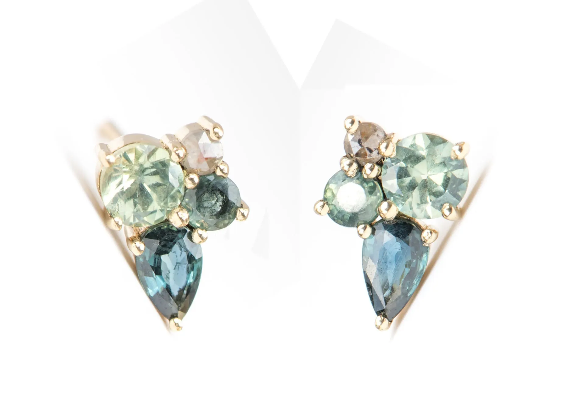 Teal Blue Sapphire Diamond Cluster Earrings 14K Gold AD2135