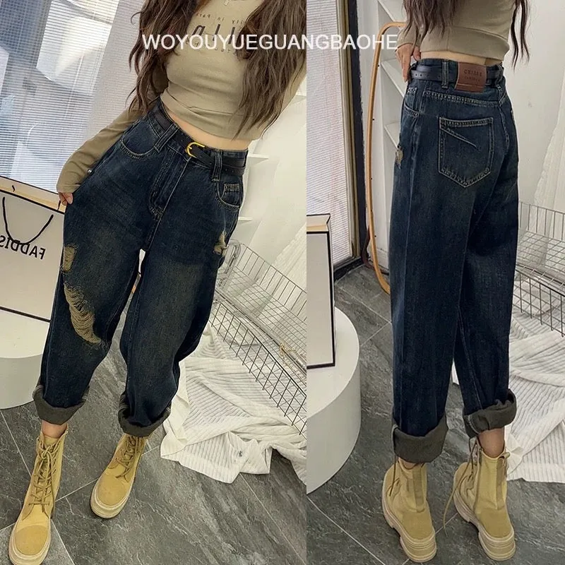 The treasure of the store! Dark blue and gray loose harem jeans for women, high-waisted, slim, pear-shaped, autumn ripped dad pa