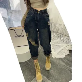 The treasure of the store! Dark blue and gray loose harem jeans for women, high-waisted, slim, pear-shaped, autumn ripped dad pa