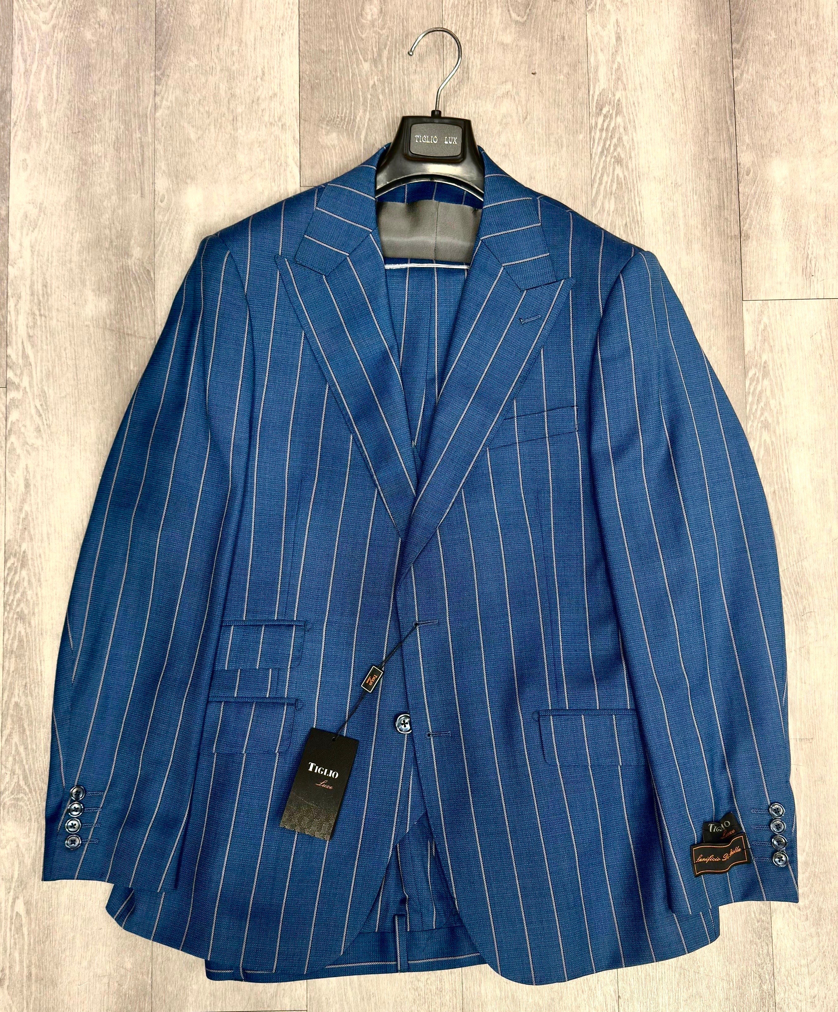 Tiglio Luxe Prosecco  Modern Fit, TL3121, Pure Wool Suit & Vest Teal Blue/Grey Pinstripe