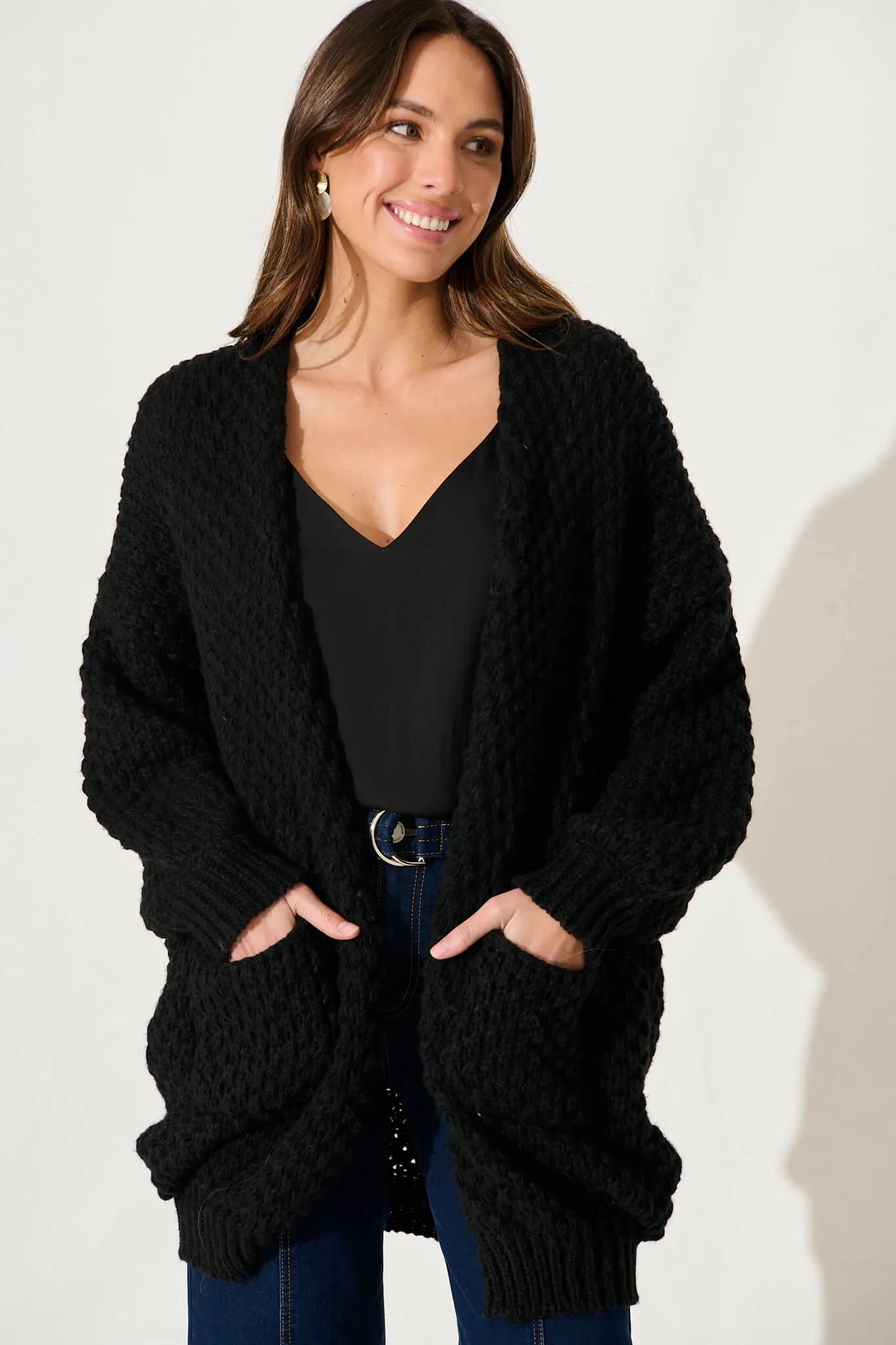 Tranquil Knit Cardigan In Black Wool Blend