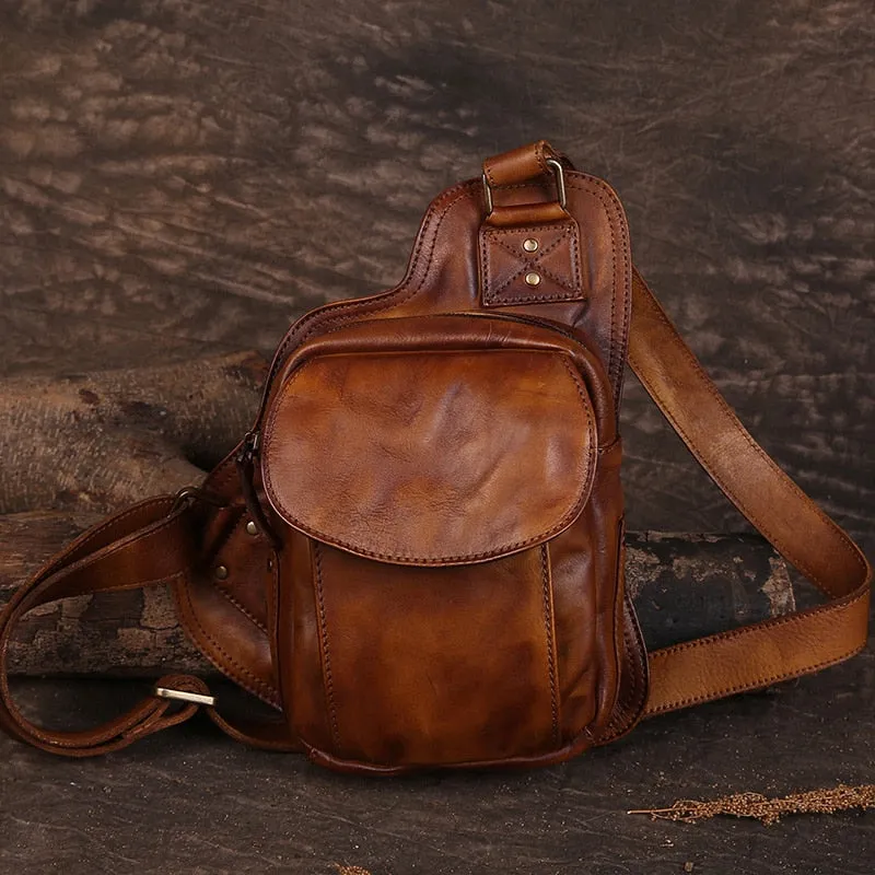 Unisex Vintage Cowhide Leather Small Handmade Diagonal Cross Chest Bag