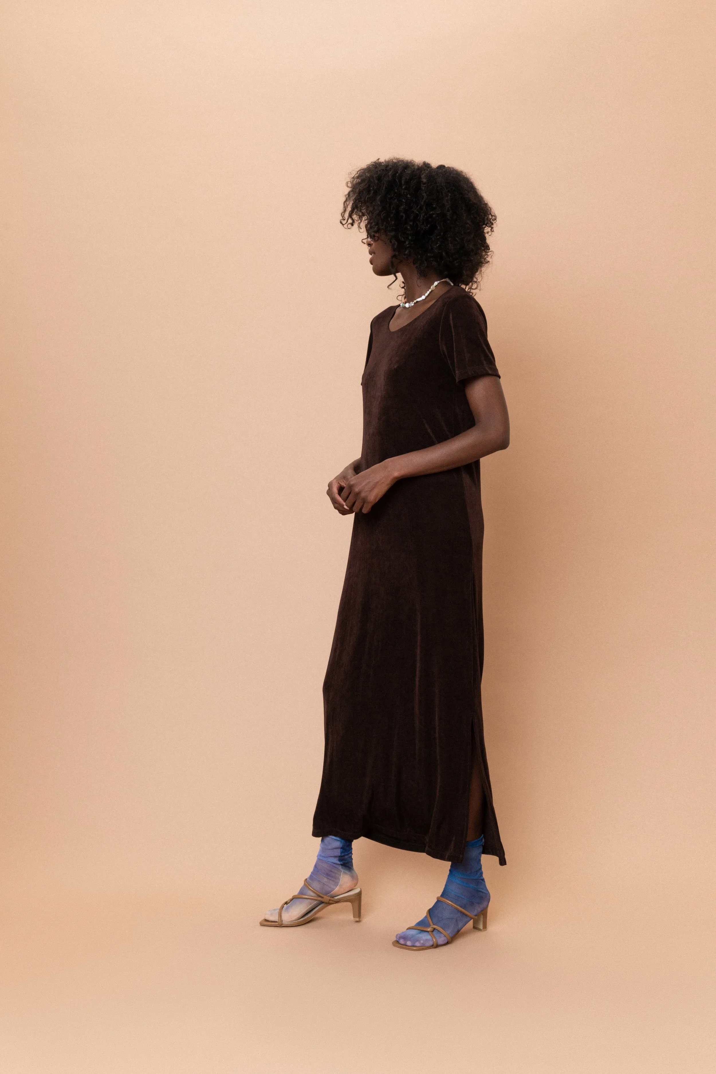 Vintage Chocolate Slinky Maxi Dress (S)