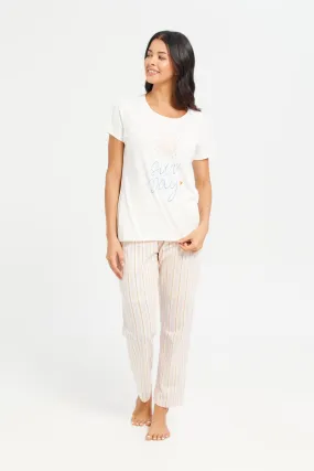 Women White Printed T-Shirt And Pants Pyjama Set (2 Piece)