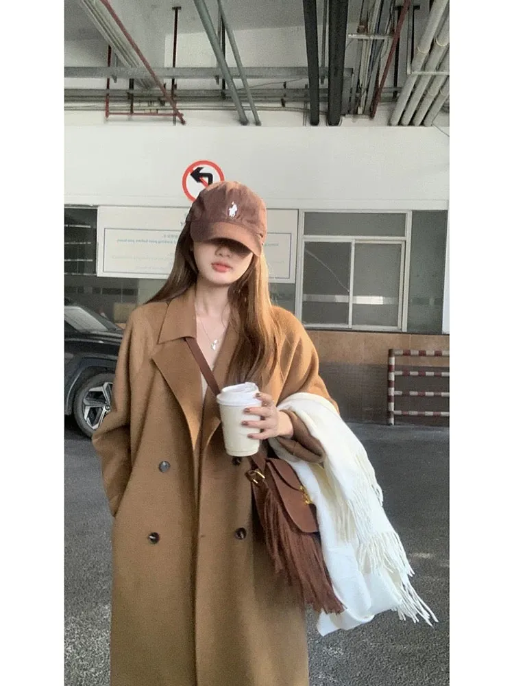 Wu 77 temperament and high-end double-sided woolen long coat for women autumn and winter Korean style loose and slim double-brea