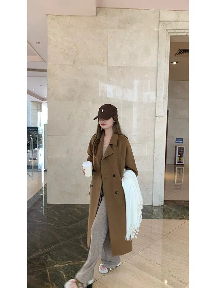 Wu 77 temperament and high-end double-sided woolen long coat for women autumn and winter Korean style loose and slim double-brea