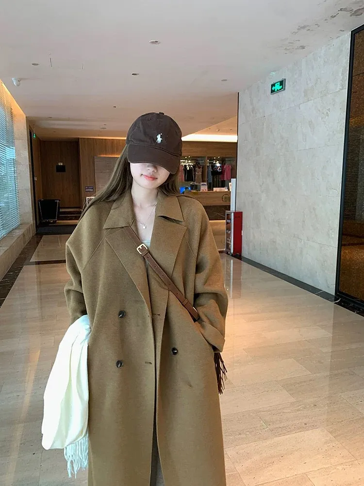 Wu 77 temperament and high-end double-sided woolen long coat for women autumn and winter Korean style loose and slim double-brea