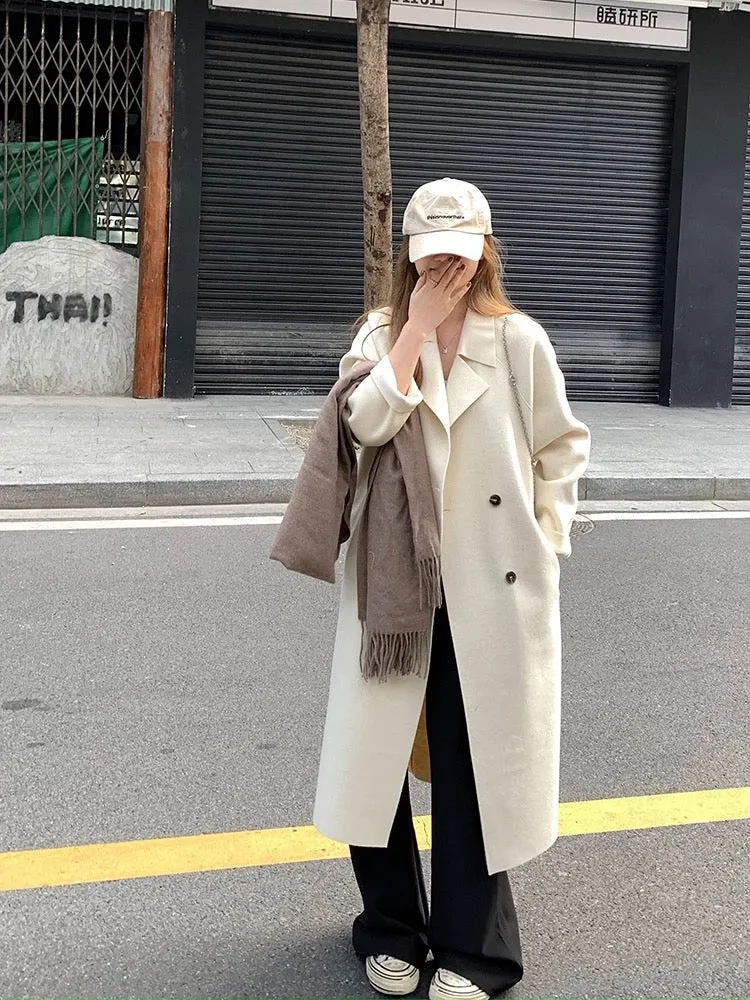 Wu 77 temperament and high-end double-sided woolen long coat for women autumn and winter Korean style loose and slim double-brea