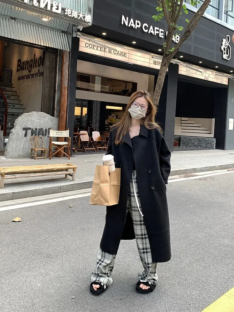 Wu 77 temperament and high-end double-sided woolen long coat for women autumn and winter Korean style loose and slim double-brea